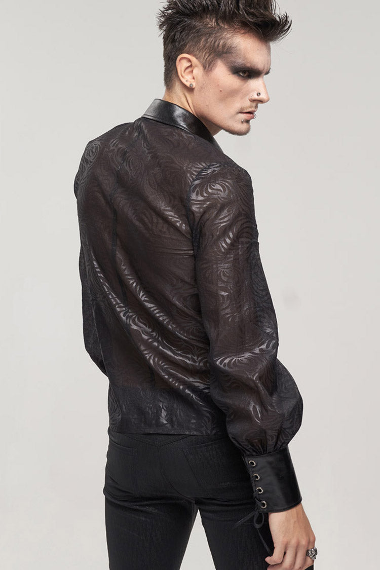Black Punk Vertical Pattern Printing Cuff Drawstring Decoration See-Through Men's Shirt - Product - 3