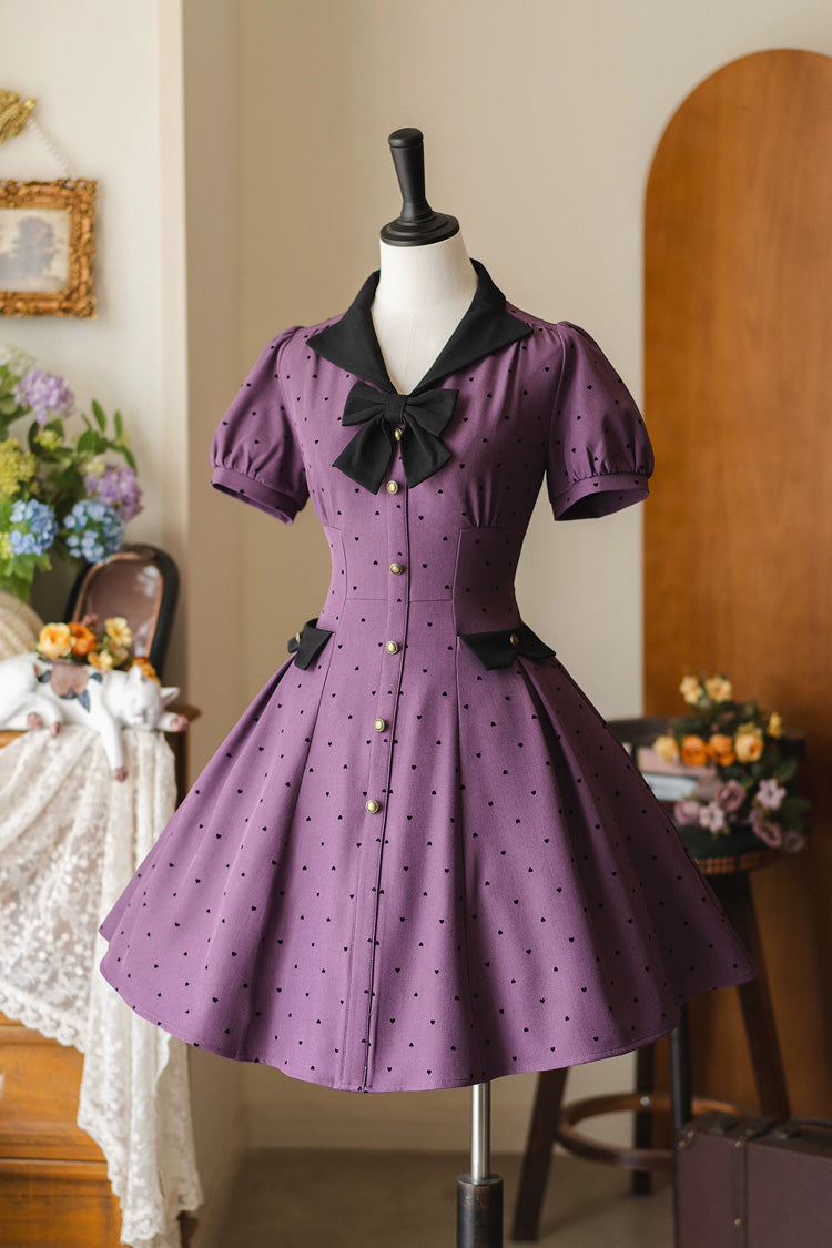 Purple [Forest Boulotty] Lapel Collar Short Sleeves Heart-Shaped Polka Dot Printed Bow Sweet Lolita Dress - Purple - 1