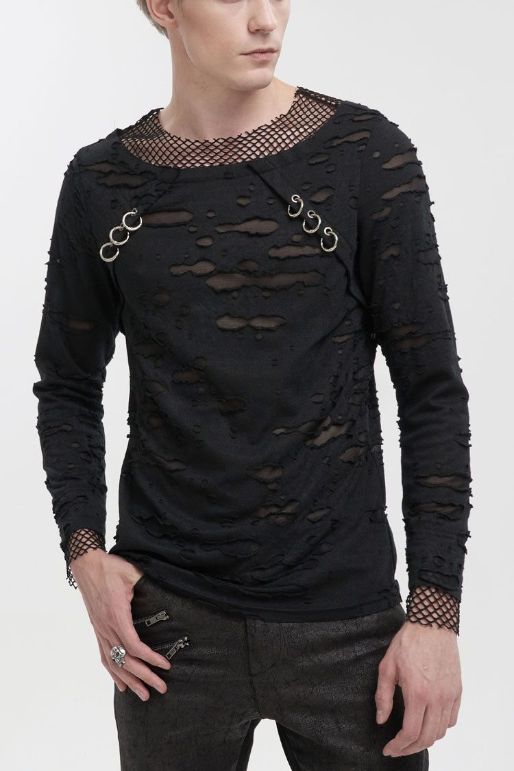Black Diamond Mesh Irregular Hole Long-Sleeved Men's Punk T-Shirt - Black - 1