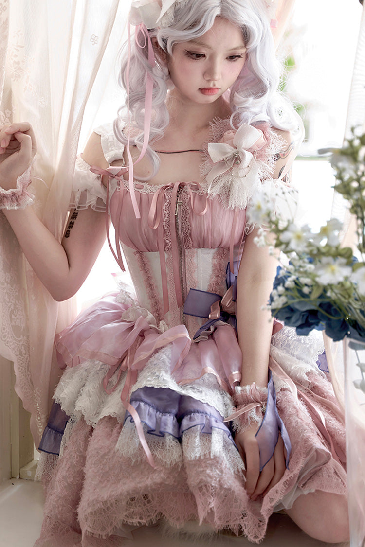 Pink/Purple [Rose Memoirs] Sleeveless Multi-Layered Bowknot Lace Sweet Lolita Skirt Set - Product - 12
