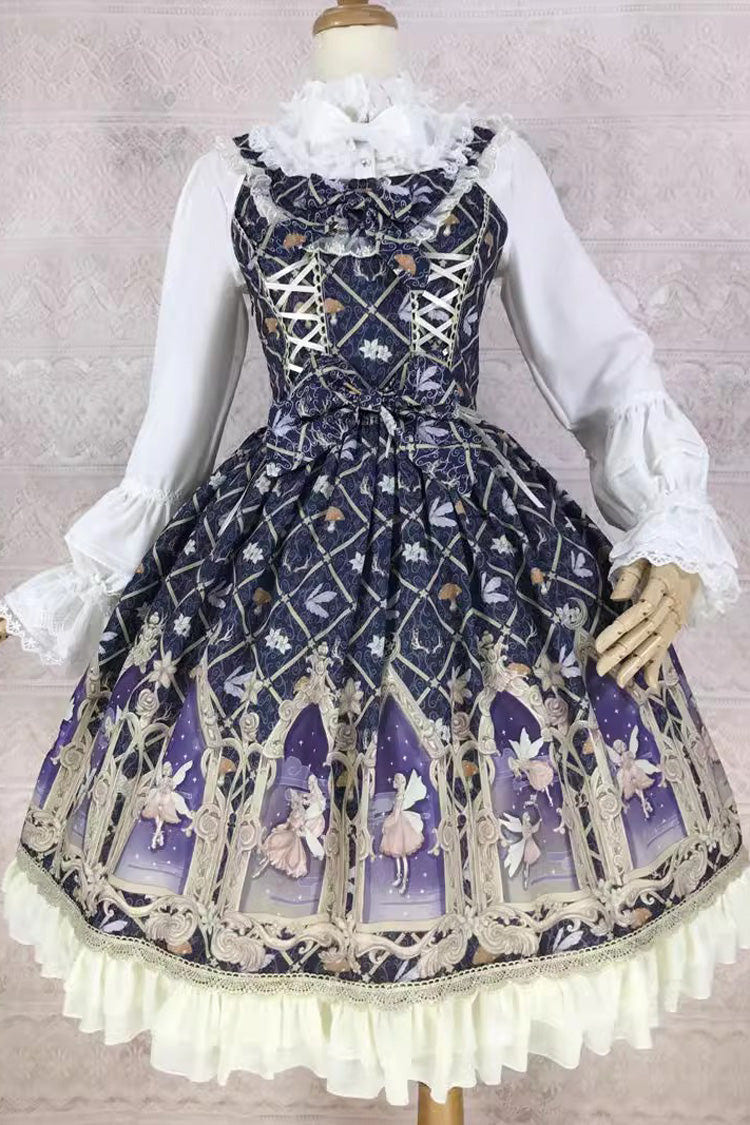 Dream Elf Print Ruffle Bowknot Sweet Lolita Jsk Dress 6 Colors - Black/Purple - 9