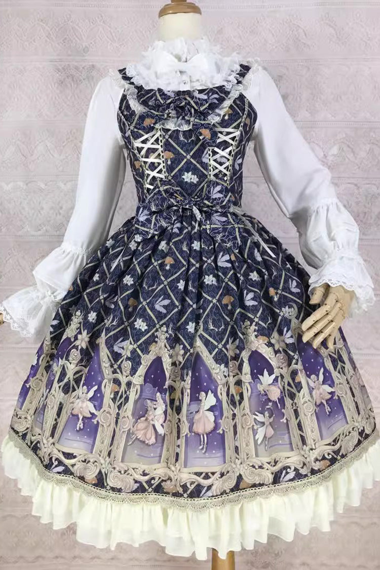 Dream Elf Print Ruffle Bowknot Sweet Lolita Jsk Dress 6 Colors - Black/Purple - 9