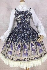 Dream Elf Print Ruffle Bowknot Sweet Lolita Jsk Dress 6 Colors - Black/Purple - 9
