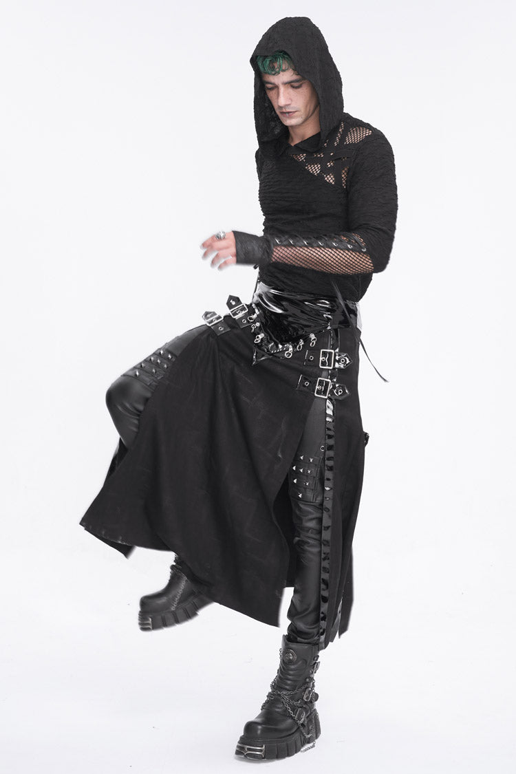 Black Patent Leather Splice Split Men's Punk Skirt - Product - 6