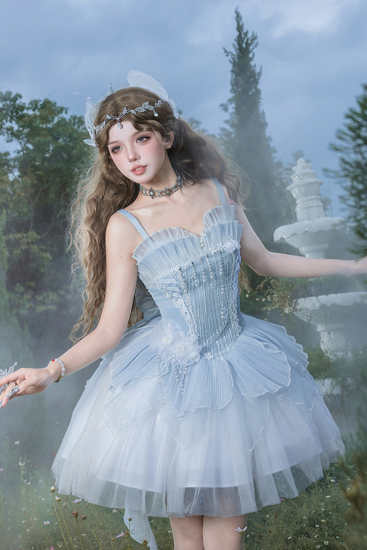 Blue [Spirit in the Mist] Square Collar Sleeveless Ruffled Pearl Detail Sweet Elegant Lolita Jsk Dress - Product - 6