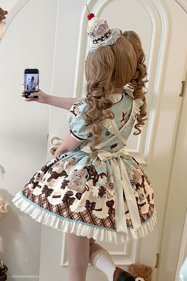 Brown [Peppermint Chocolate] Chocolate Cake Bear Print Ruffle Bowknot Lace-Up Sweet Lolita Dress - Product - 6