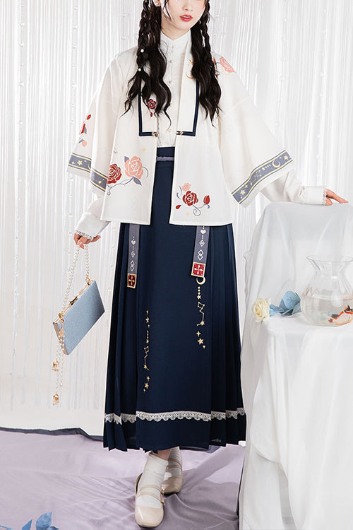 Original Daily White Moonlight Chinese Style Ming Dynasty Cardigan Top High Waisted Short Skirt Sweet Hanfu Full Set - White/Blue - 1