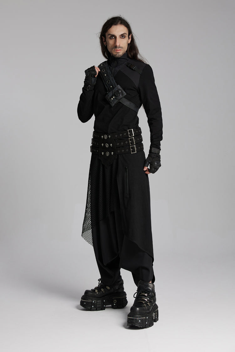 Black Stand Collar Long Sleeves Techwear Bucket-up Zip Men's Punk T-Shirt - Product - 5