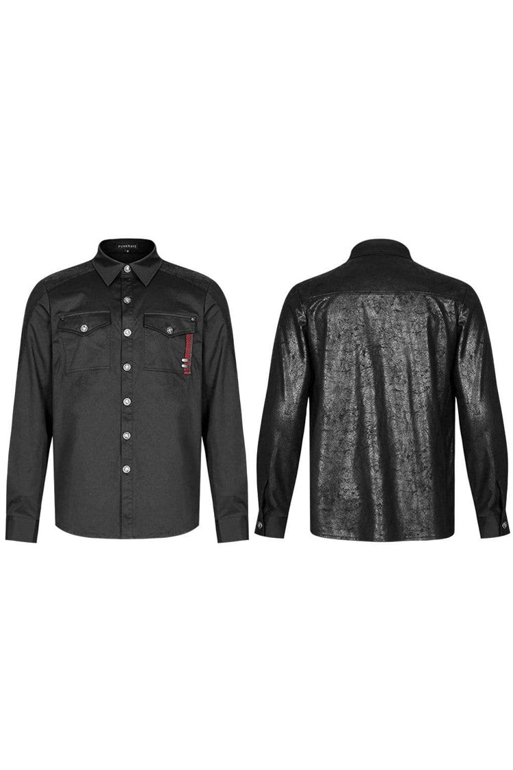 Black Punk Ribbon Decoration Front Metal Skull Button Spliced Men's Shirt - Product - 5