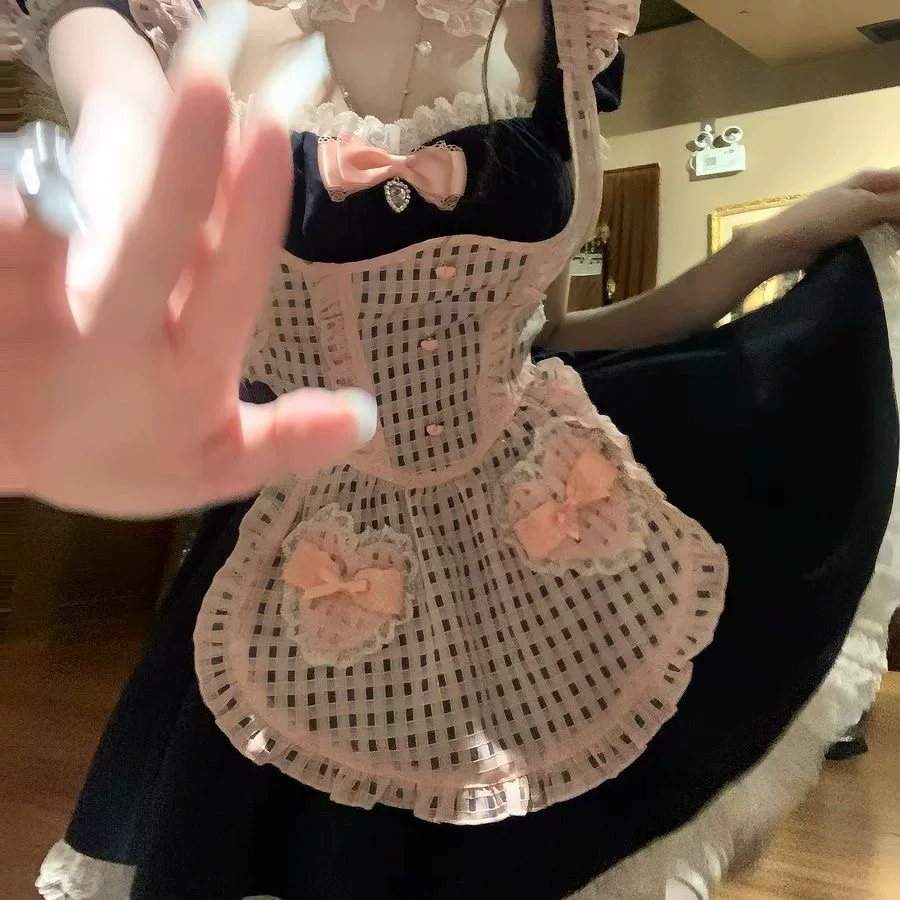 Pink and Black Plaid Maid Lolita Dress with Apron Bow Accent - view 5
