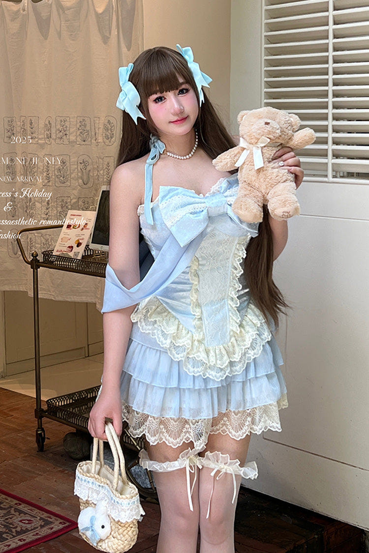 Blue [Antique Girl] Sleeveless Double-Layered Ruffle Bowknot Lace Sweet Lolita Two-piece Skirt Set - Blue - 1