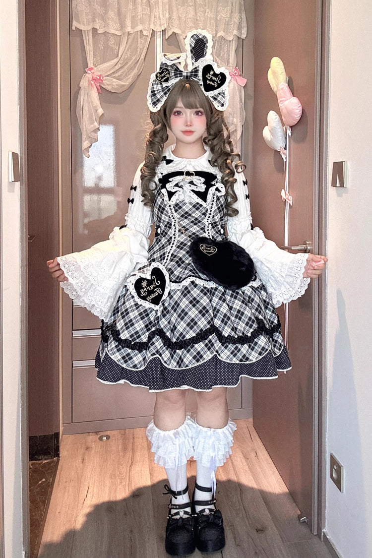 Black/White [Shibuya Sweetheart] Sleeveless Plaid Print Ruffle Bowknot Sweet Lolita Jsk Dress (Plus Size Support) - Black/White - 1