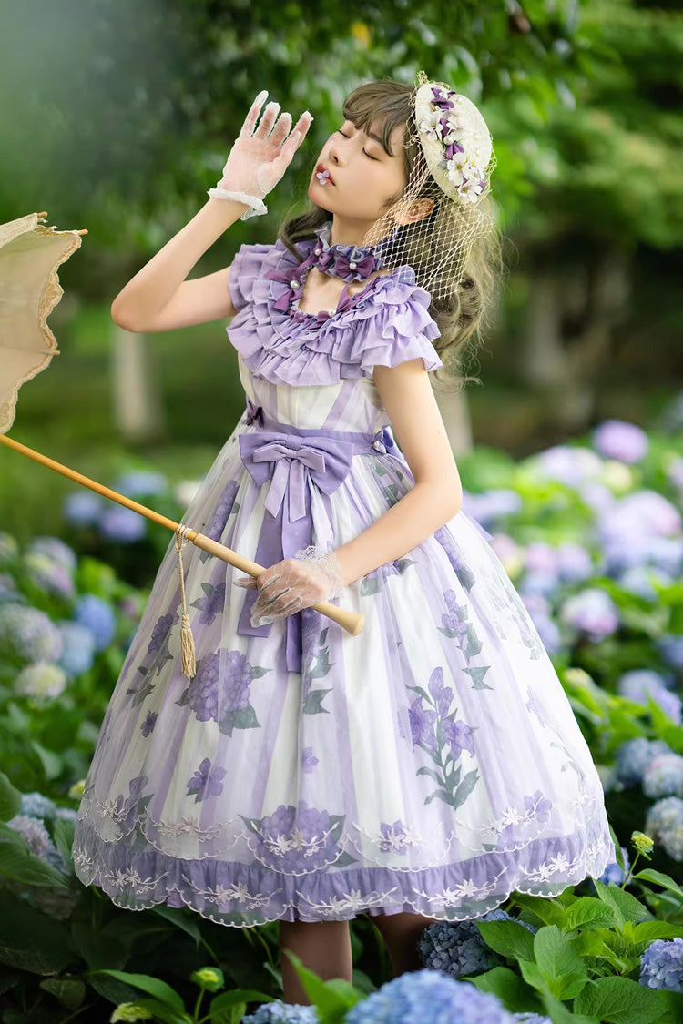 Purple [Endless Summer] Round Collar Sleeveless Hime Sleeves Printed Ruffled Bow Lace Sweet Lolita Dress - Purple - 1
