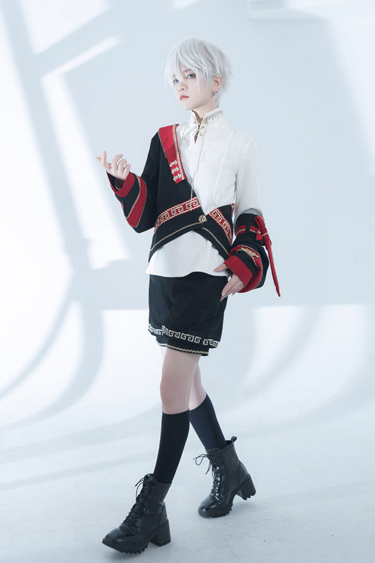 [Cangzhu] Stand Collar Long Sleeves Embroidered Asymmetric Classic Chinese Inspired Vintage Ouji Lolita Shorts Set - Product - 5