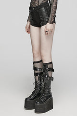 Black Faux Leather Stitching Mesh Eyelet Women's Punk Ring Shorts - Product - 2