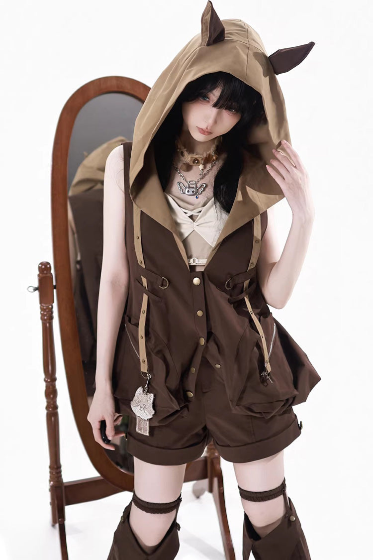Brown [Fox Trail Chronicles] Sleeveless Hooded Punk Prince Ouji Lolita Set - Brown(Set) - 1