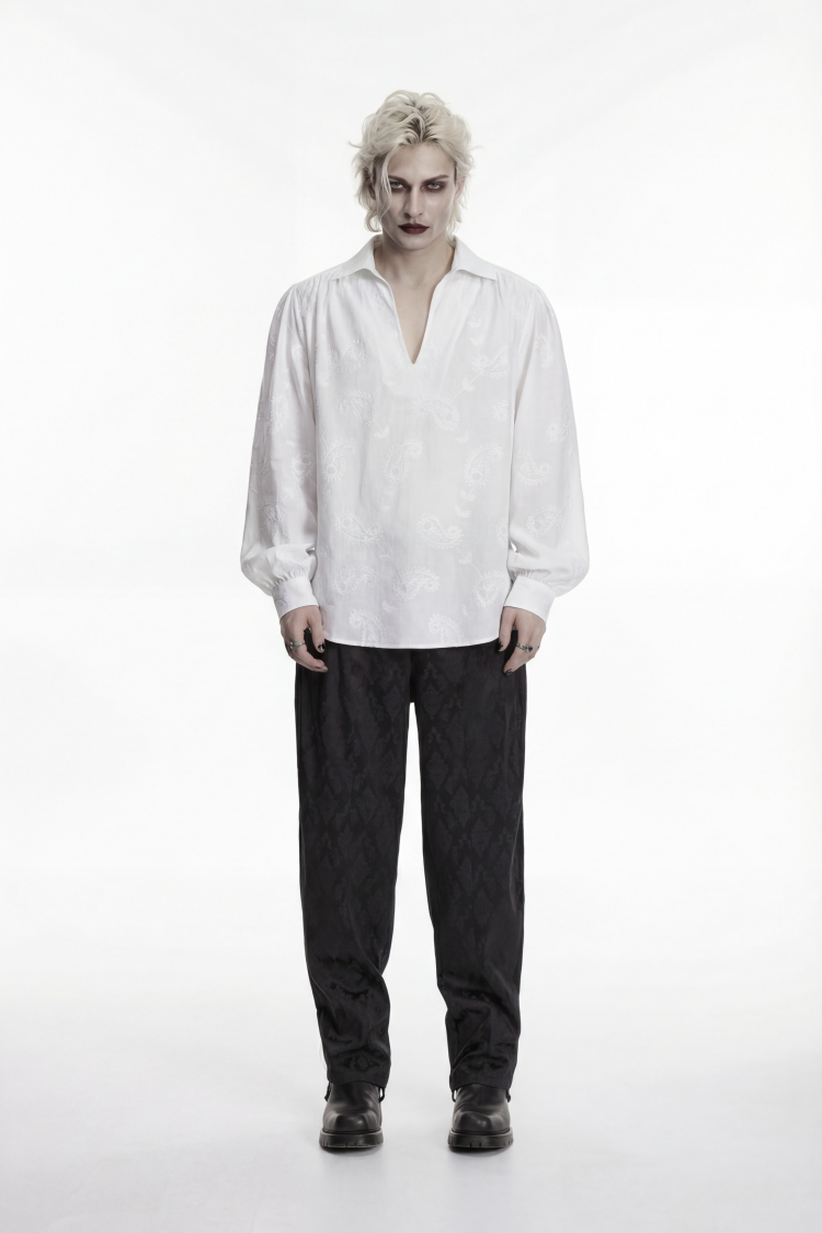 White Lapel Collar Long Lantern Sleeves Printed Embroidered Men's Gothic Shirt - White - 1