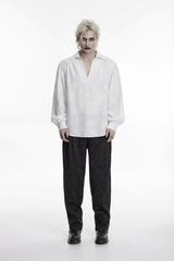 White Lapel Collar Long Lantern Sleeves Printed Embroidered Men's Gothic Shirt - White - 1