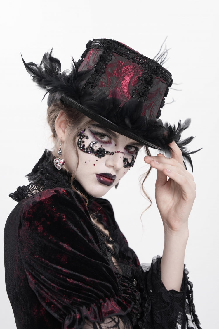 Red Embroidered Women's Gothic Gorgeous Floral Feather Hat - Product - 8
