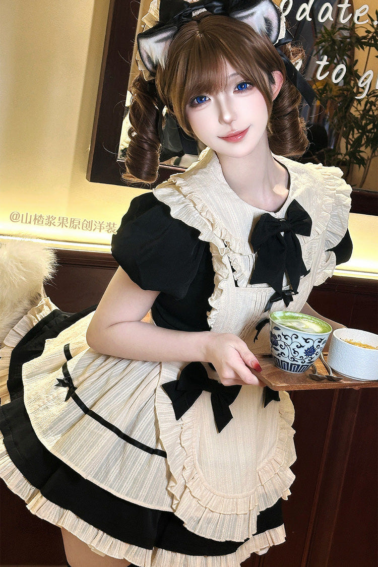 Black Lapel Collar Short Sleeves Ruffled Bow Sweet Elegant Maid Halloween Lolita Dress - Product - 11