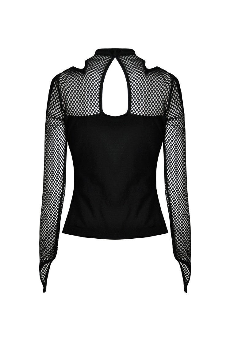 Black Off Shoulder Long Sleeves Mesh Crossed Harness Straps Eyelet Sexy Women's Punk Top - Product - 12