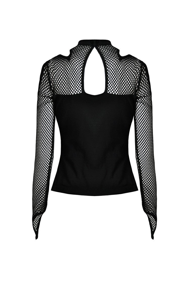 Black Off Shoulder Long Sleeves Mesh Crossed Harness Straps Eyelet Sexy Women's Punk Top - Product - 12