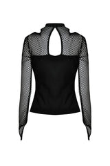 Black Off Shoulder Long Sleeves Mesh Crossed Harness Straps Eyelet Sexy Women's Punk Top - Product - 12