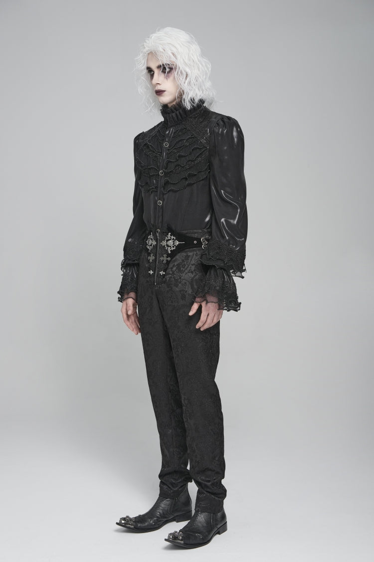Black Stand Collar Long Puff Sleeves Embroidery Stitching Lace Men's Gothic Blouse - Product - 6