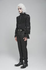 Black Stand Collar Long Puff Sleeves Embroidery Stitching Lace Men's Gothic Blouse - Product - 6
