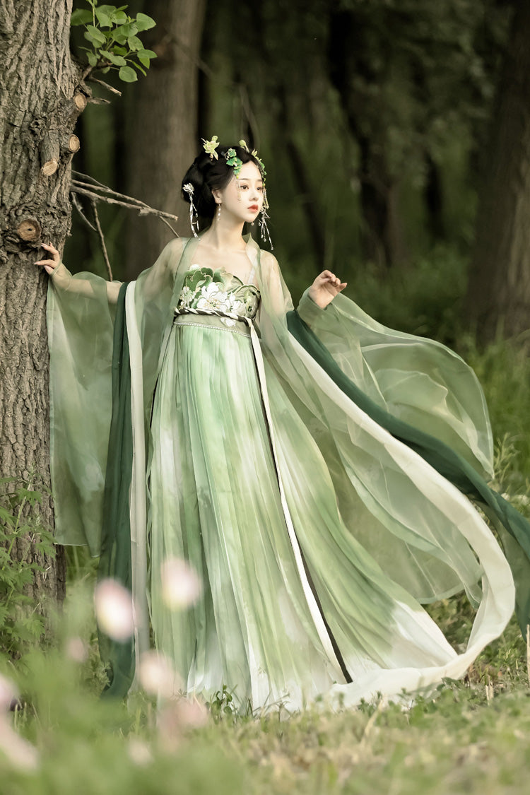 Green [Qingyao] Butterfly Flowers Embroidery Sweet Chinese Style Hanfu Dress Full Set - Product - 8