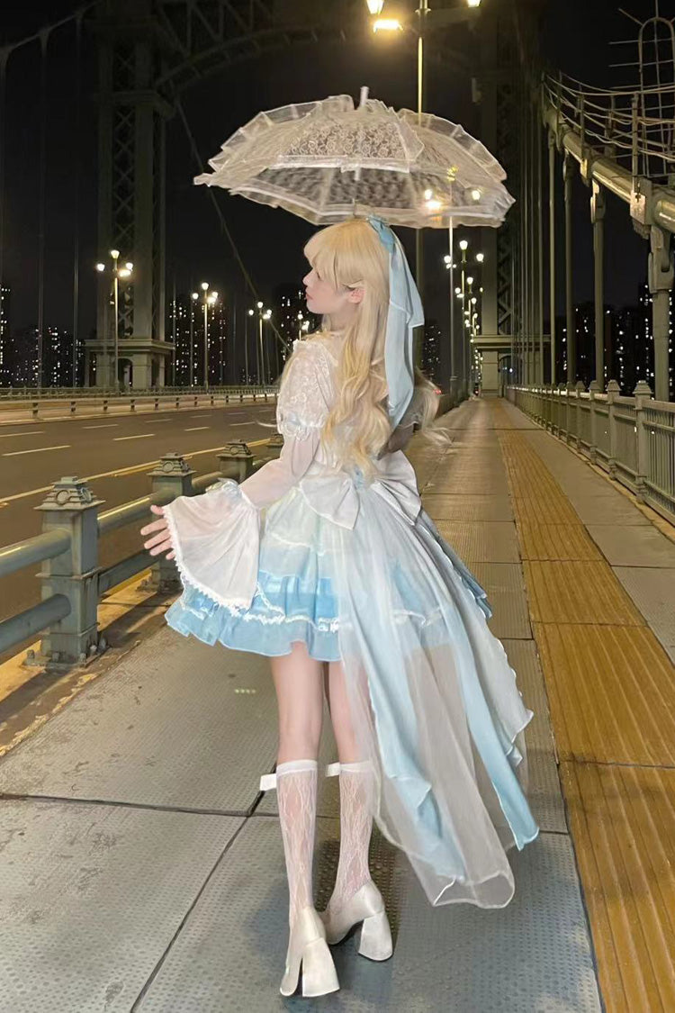 White/Blue Gradient Multi-layer Ruffle Bowknot Lace Sweet Lolita Jsk Dress - Product - 2