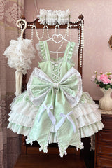 Green Sleeveless Triple-Layered Ruffle Embroidery Bowknot Lace-Up Pearl Sweet Plus Size Lolita Jsk Dress - Product - 8
