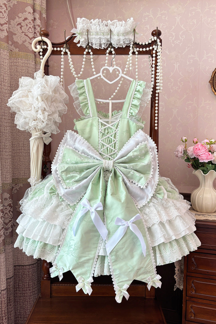 Green Sleeveless Triple-Layered Ruffle Embroidery Bowknot Lace-Up Pearl Sweet Plus Size Lolita Jsk Dress - Product - 8