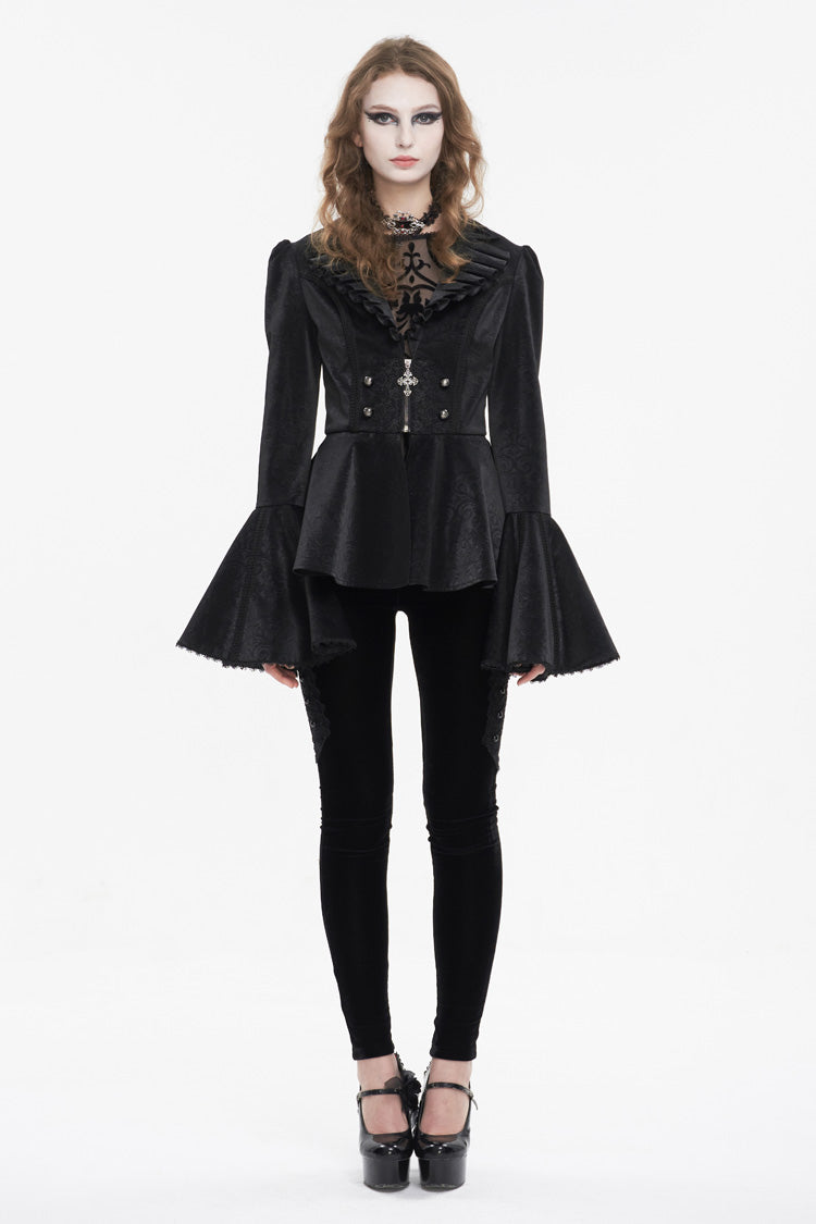 Black Ruffled Collar Flared Sleeved Women's Gothic Jacket - Black - 1