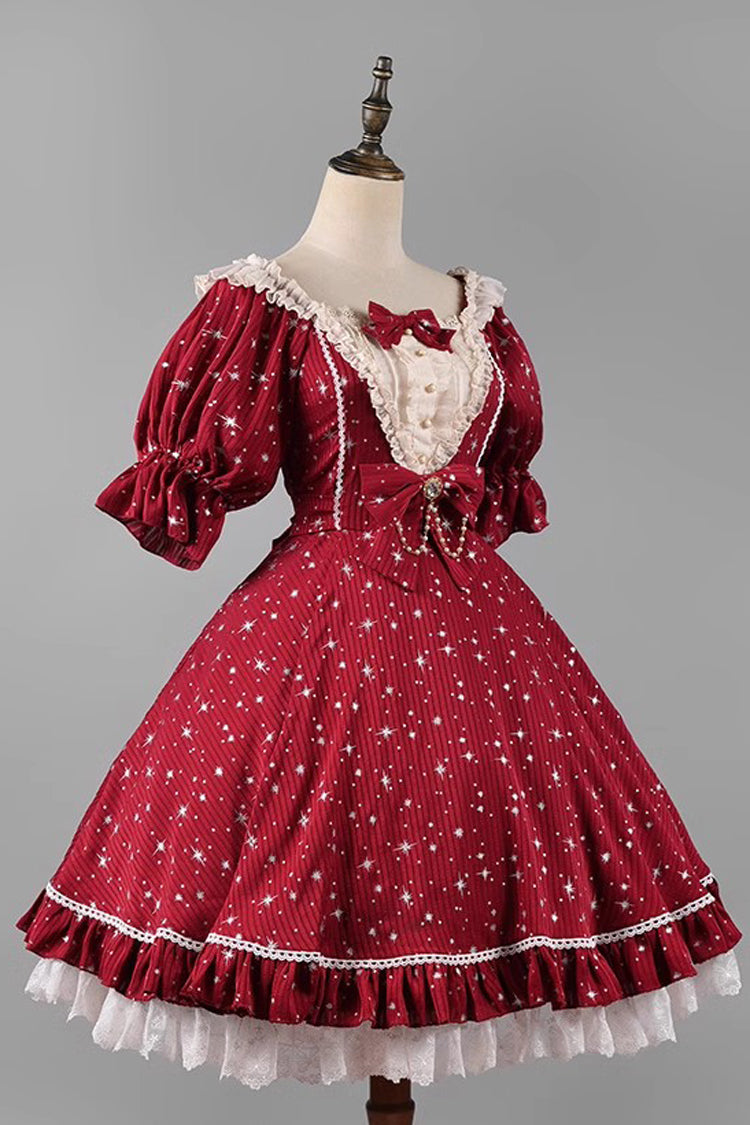Midsummer Galaxy Shiny Star Print Short Sleeves Ruffle Bowknot Sweet Lolita OP Dress - Product - 10