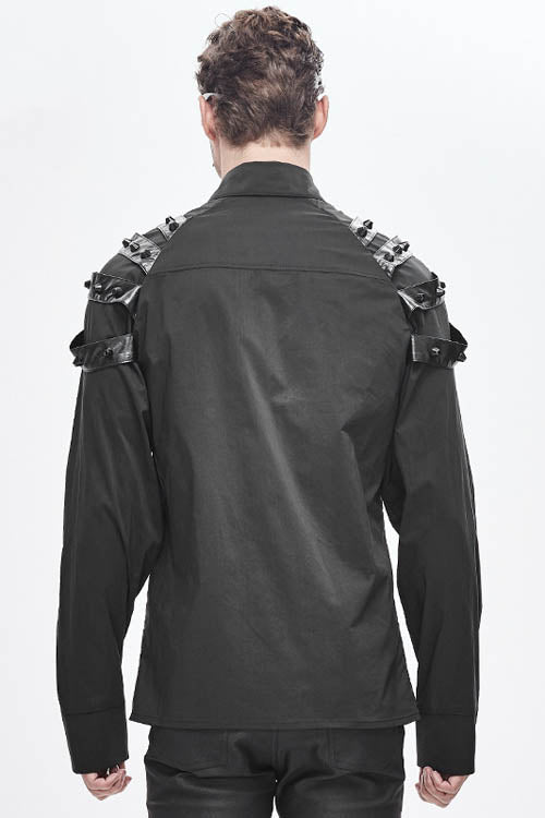 Black Long Sleeve Shoulder Zipper Mens Punk Blouse - Product - 4
