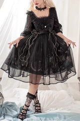 Planet Butterfly Print Bowknot Classic Gothic Lolita Dress 2 Colors - Black - 1