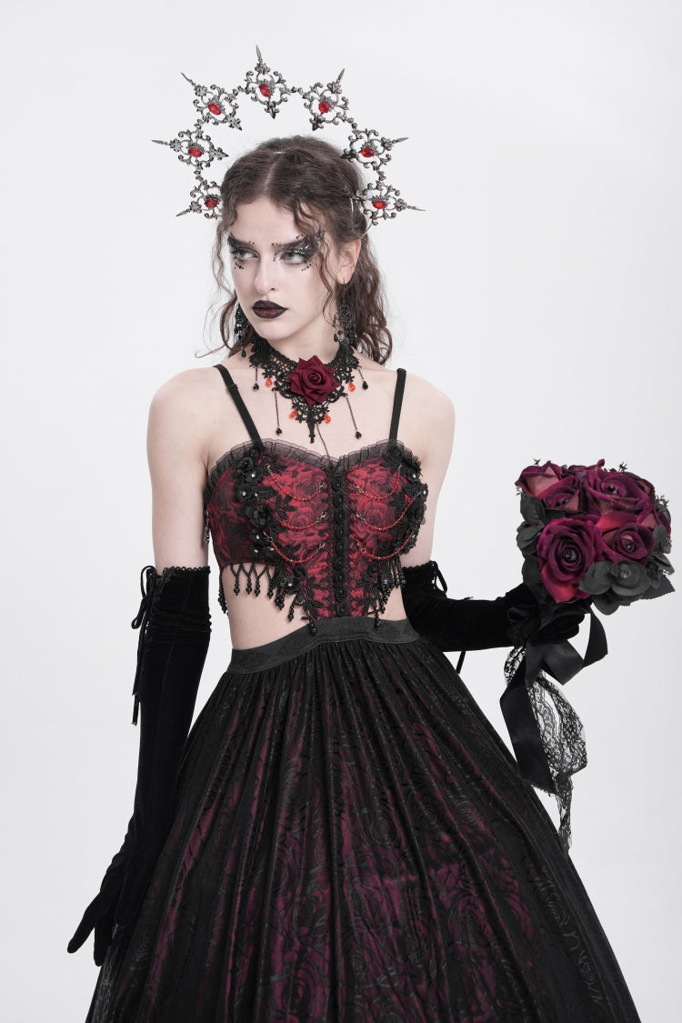 Red Jacquard Floral Embroidery Lace Ripped Women's Gothic Party Slip Dress - Product - 11
