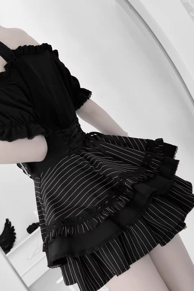 Jirai Kei [Heartbeat Buffy] Stand Collar Sleeveless Triple-Layered Ruffled Lace-Up Zippered Sweet Japanese Skirt and Blouse detail view 11