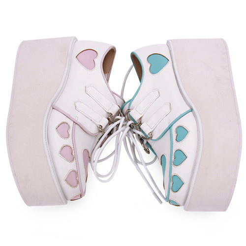 Pink And Blue Cute Heart Pattern Platform Sweet Lolita Shoes - Product - 3