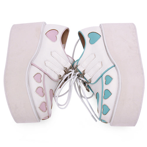 Pink And Blue Cute Heart Pattern Platform Sweet Lolita Shoes - Product - 3
