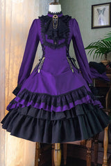 Point Manor Solid Color Stand Collar Long Sleeves Multi-layer Ruffle Gothic Lolita Dress 5 Colors - Dark-Purple - 31