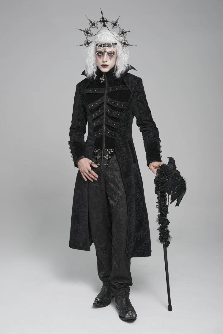 Black Diamante Stand Collar Long Sleeves Printed Zippered Men's Gothic Long Coat - Black - 1