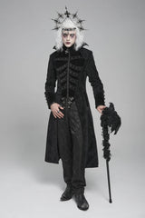 Black Diamante Stand Collar Long Sleeves Printed Zippered Men's Gothic Long Coat - Black - 1