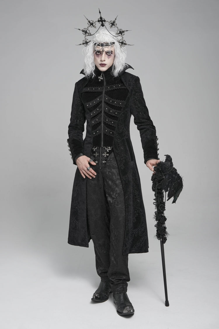 Black Diamante Stand Collar Long Sleeves Printed Zippered Men's Gothic Long Coat - Black - 1