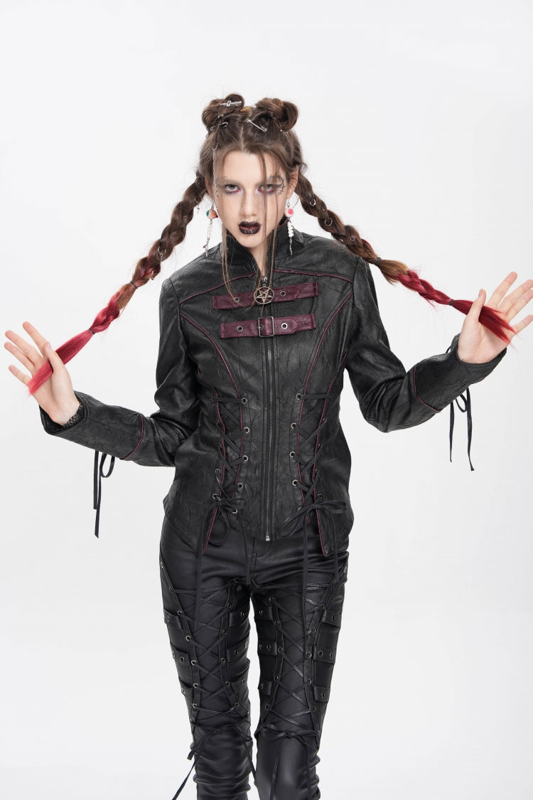 Black Pentacle Lace-Up Buckle Women's Punk Jacket - Product - 2