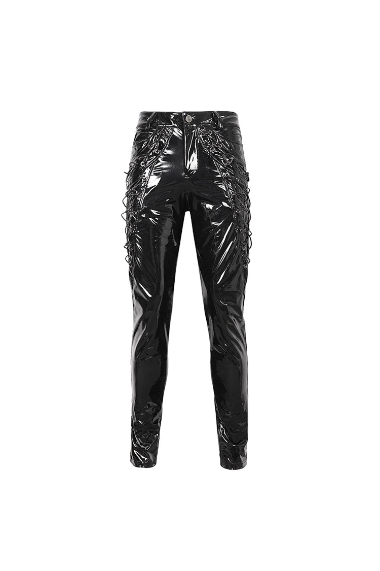 Black Lace Up Patent Leather Men's Punk Pants - Product - 8