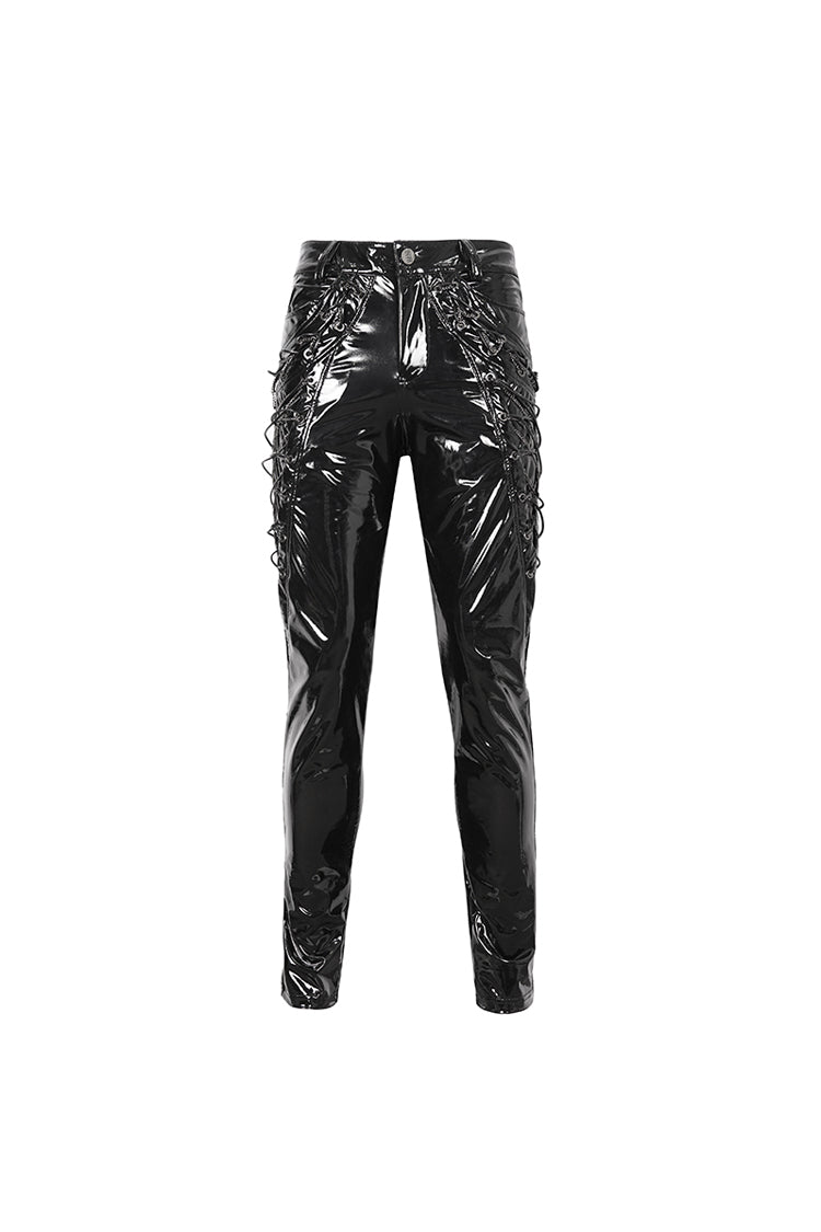 Black Lace Up Patent Leather Men's Punk Pants - Product - 8