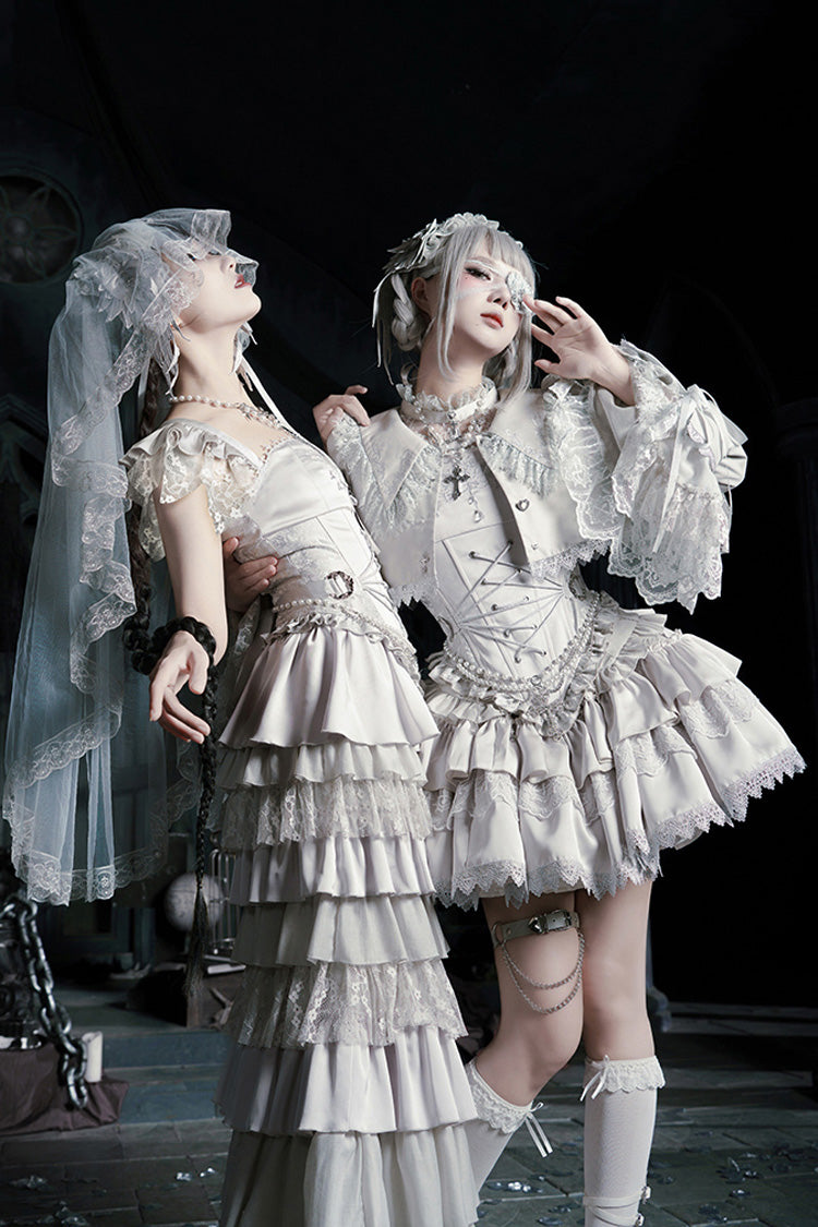 Solid Color [Bionic Doll] Square Collar Multi-Layered Ruffle Bowknot Lace-Up Gothic Lolita Fishtail Skirt Corset Set - Product - 21