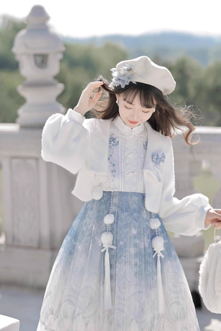 White/Blue Long Sleeves Print Ruffle Chinese Style Princess Sweet Lolita Jsk Dress Set - Product - 4